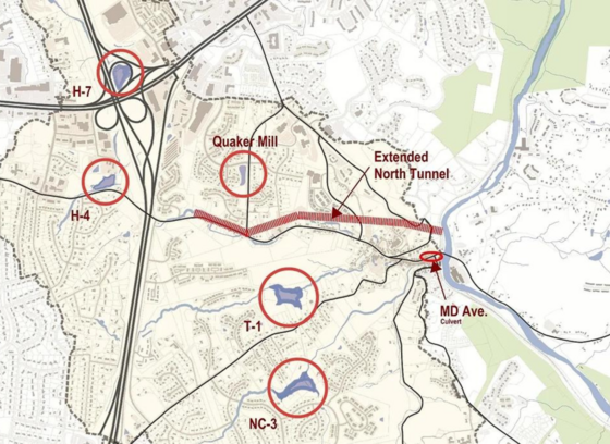 Map of the Safe and Sound Flood Mitigation projects in Ellicott City.