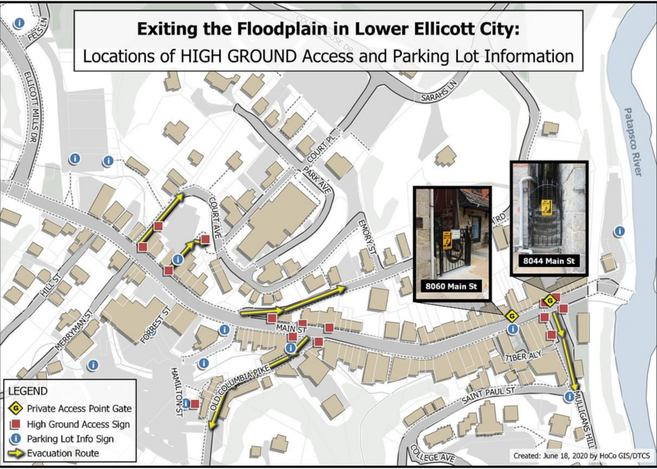 Map of high ground access points and private access gates in Historic Ellicott City.
